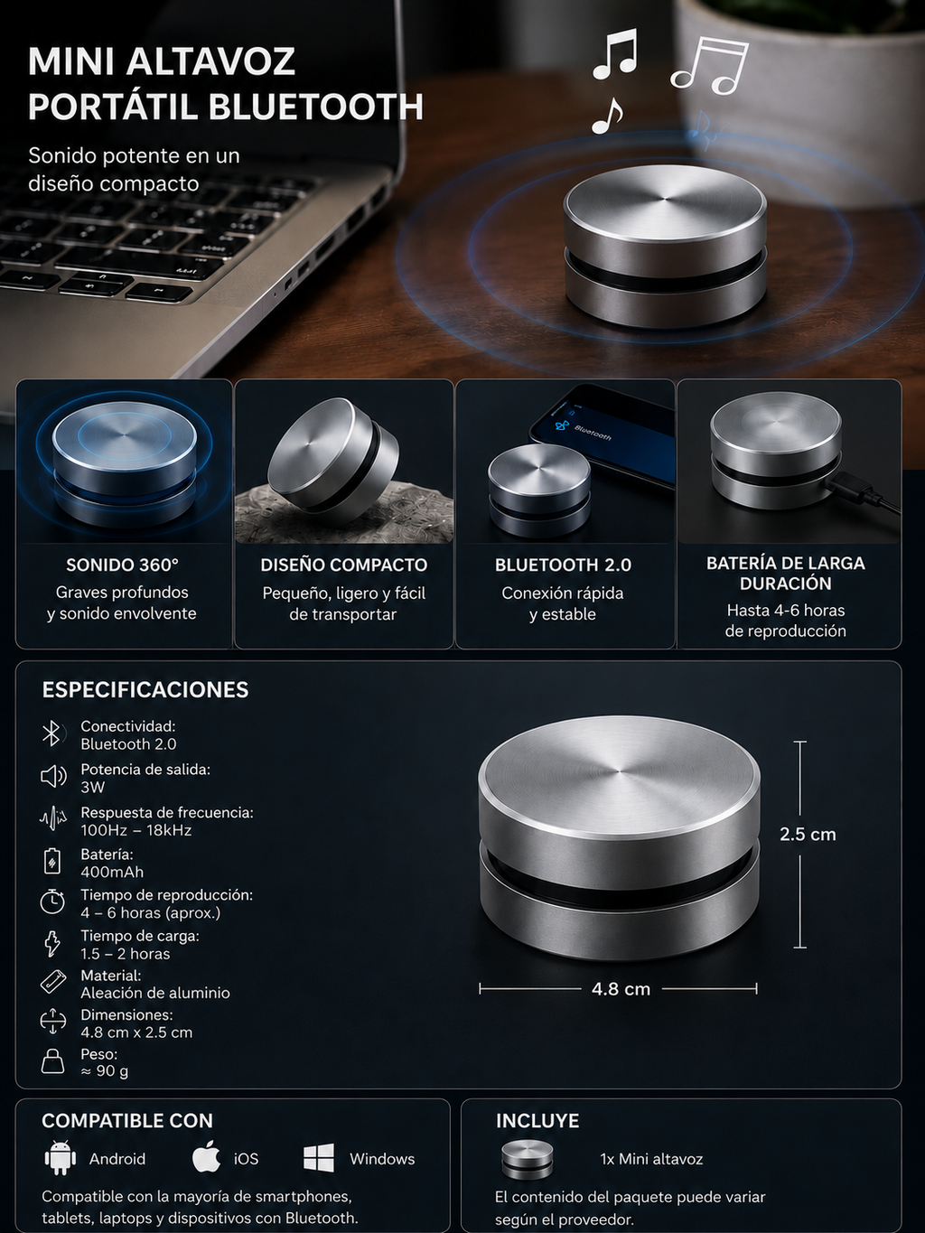 Mini Altavoz Bluetooth de Vibración con Sonido Potente