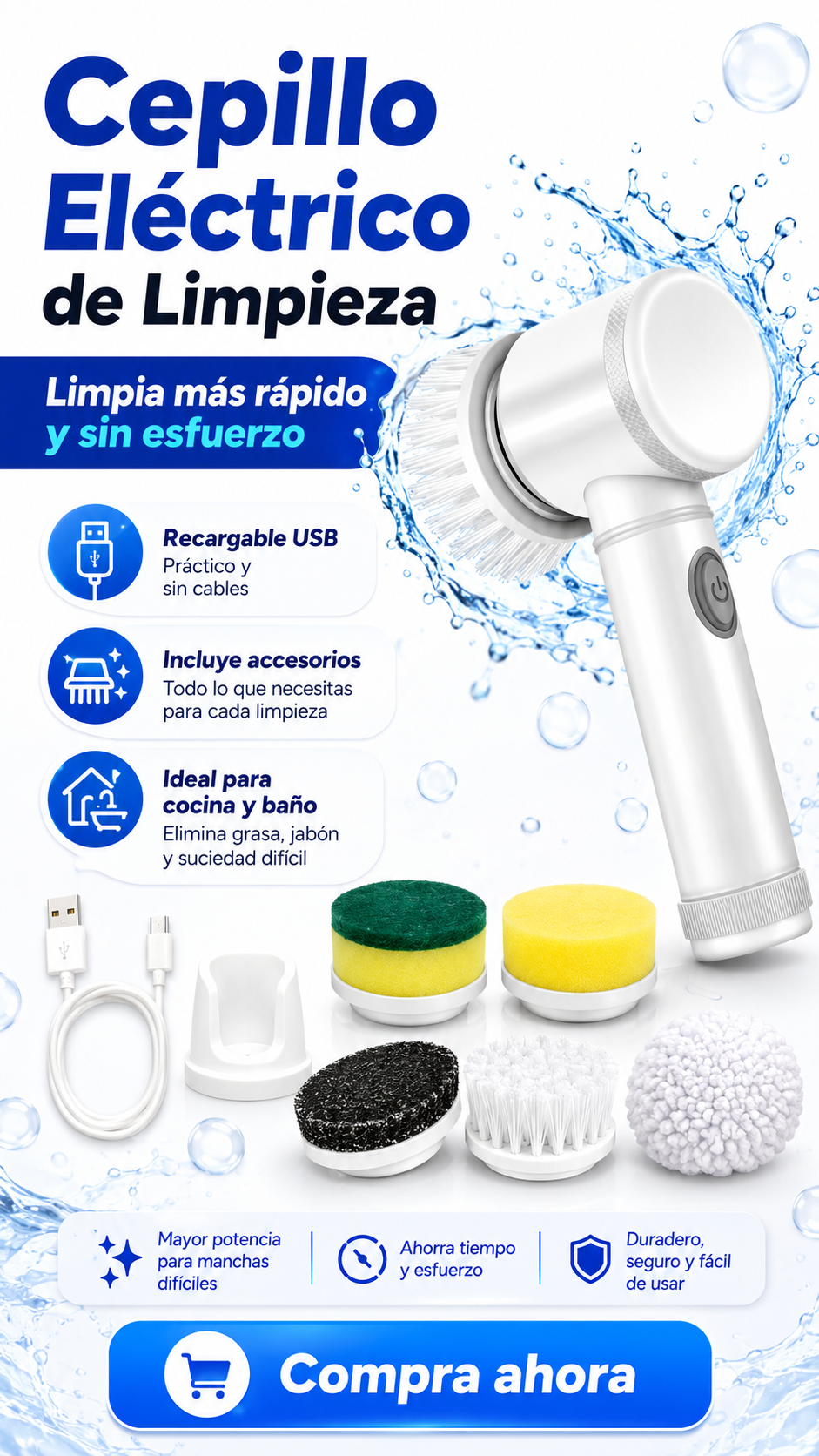 Cepillo Eléctrico Giratorio Recargable para Cocina y Baño – Incluye 6 Accesorios + Envío Gratis