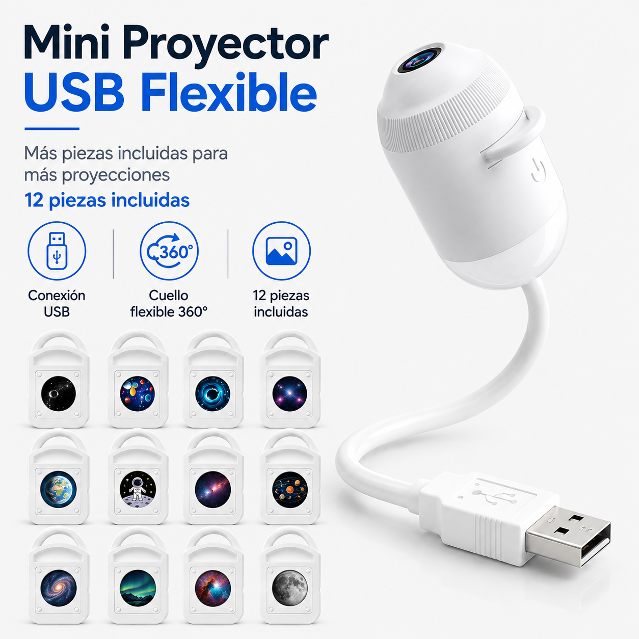 Lámpara Proyectora Galaxia USB 360° con Discos Intercambiables