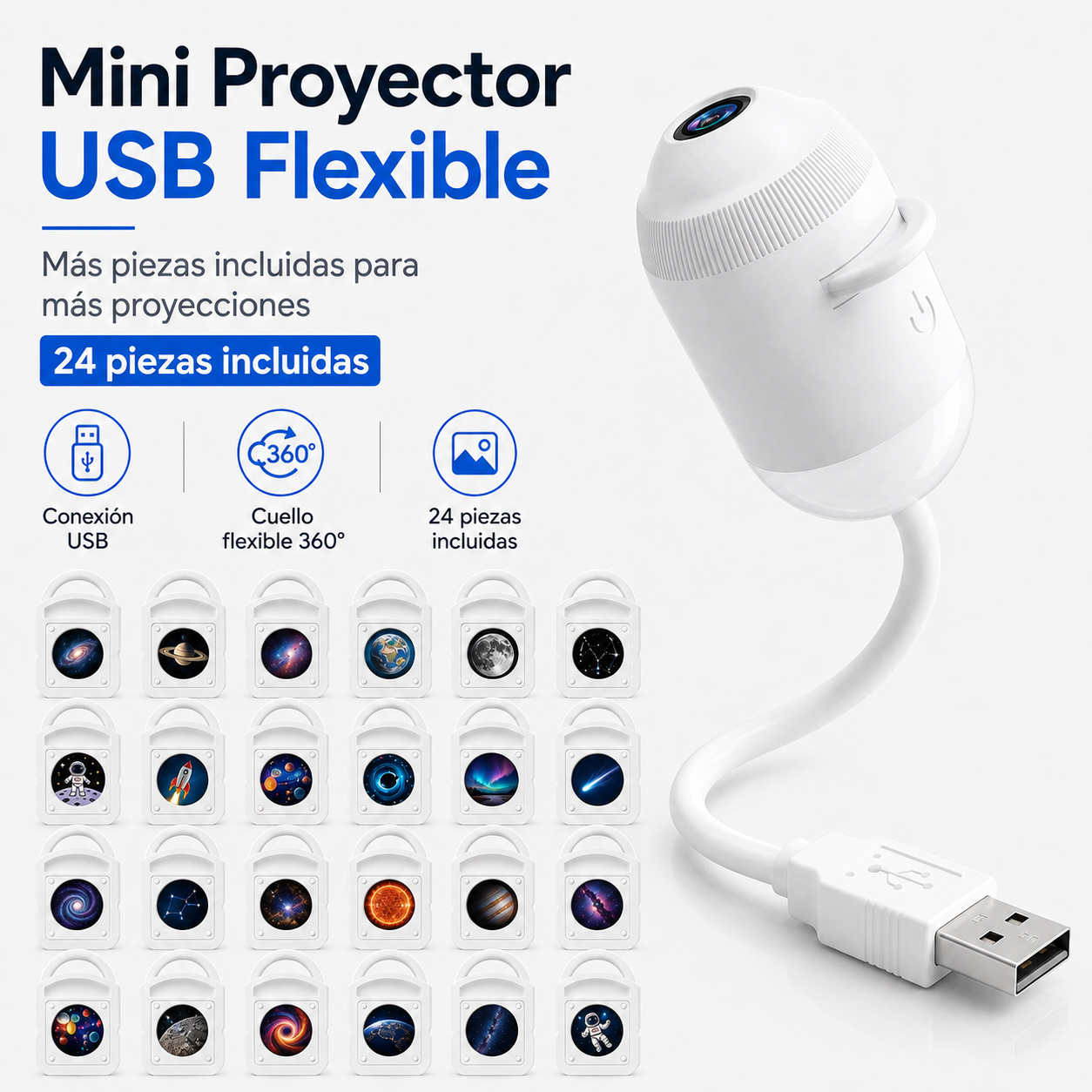 Lámpara Proyectora Galaxia USB 360° con Discos Intercambiables