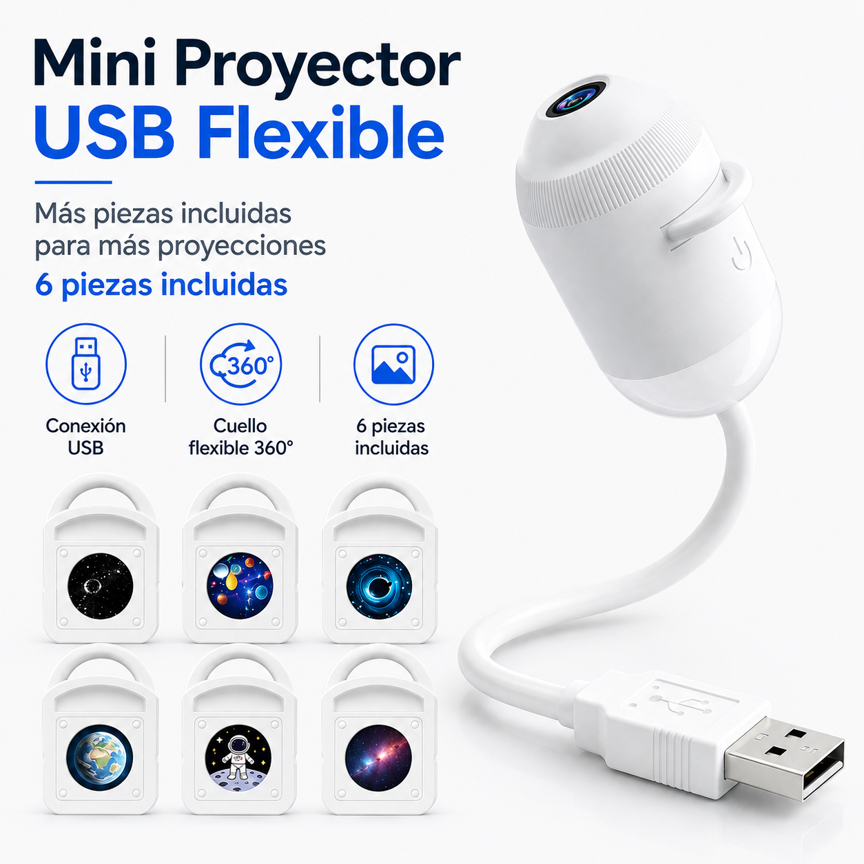 Lámpara Proyectora Galaxia USB 360° con Discos Intercambiables