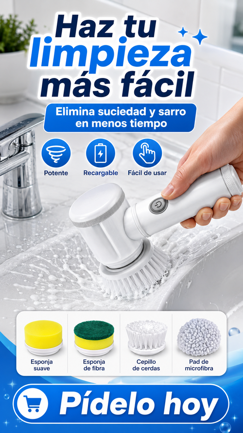 Cepillo Eléctrico Giratorio Recargable para Cocina y Baño – Incluye 6 Accesorios + Envío Gratis