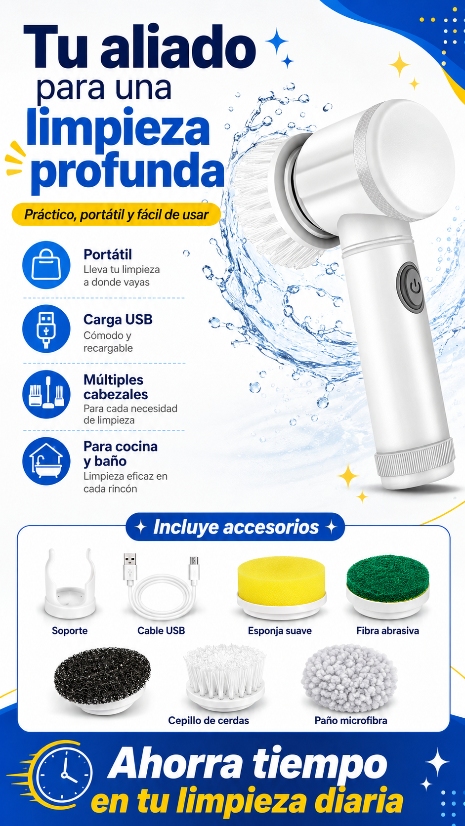 Cepillo Eléctrico Giratorio Recargable para Cocina y Baño – Incluye 6 Accesorios + Envío Gratis